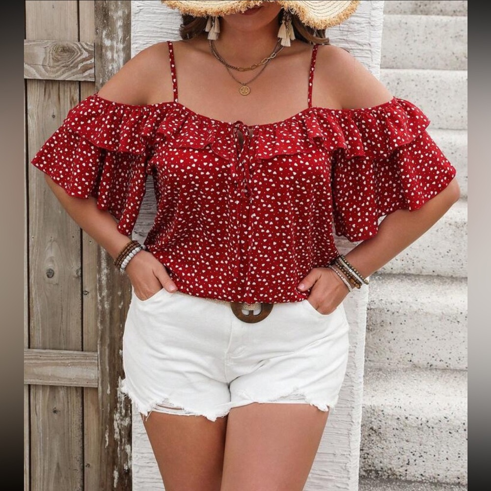 Plus Size Heart Print Ruffle Red Off Shoulder Top Blouse Shirt - Picture 1 of 3